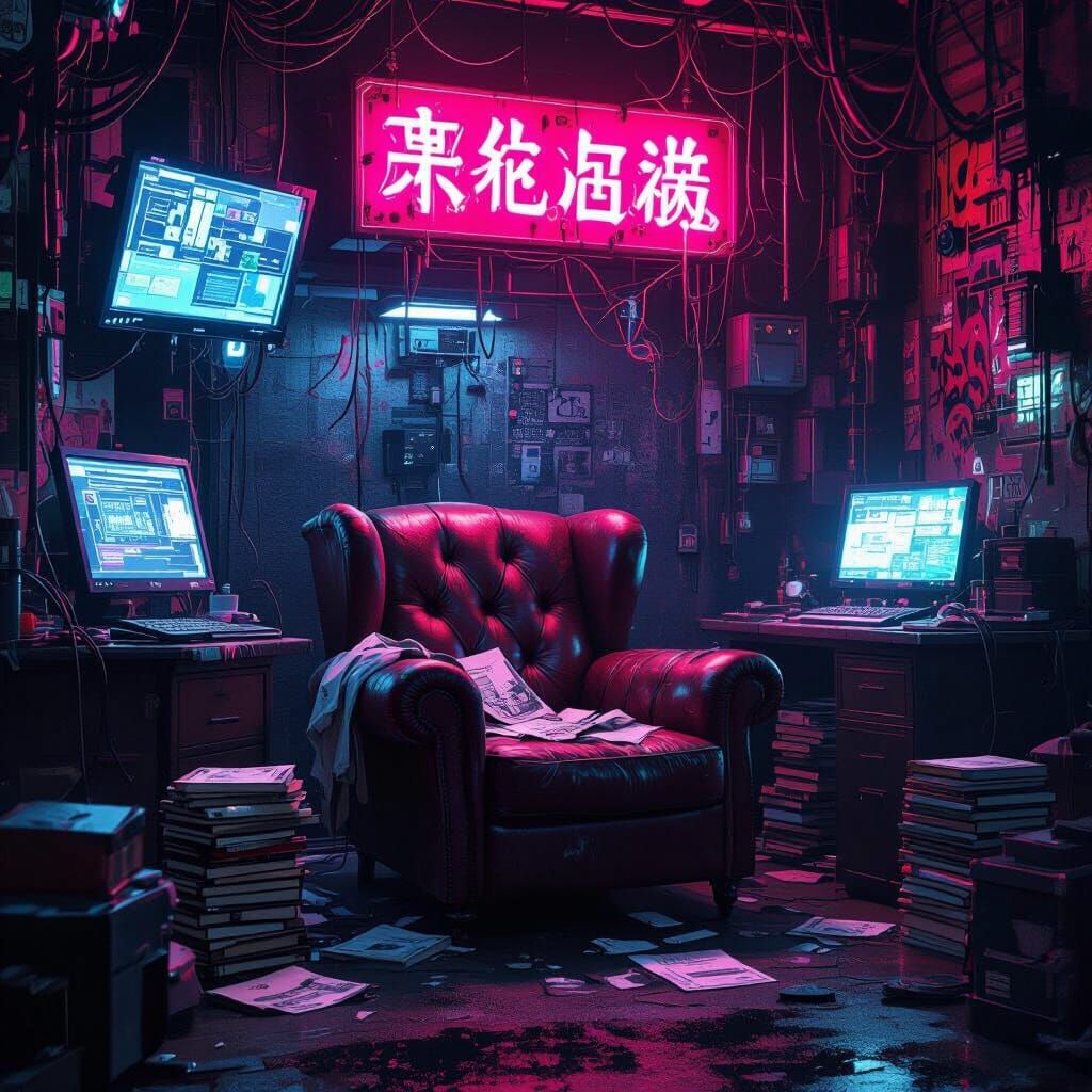 Cyberpunk Hacker Den with Armchair and Neon Sign