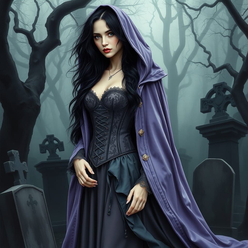 Gothic Goddess in Mysterious Watercolour Oil Art