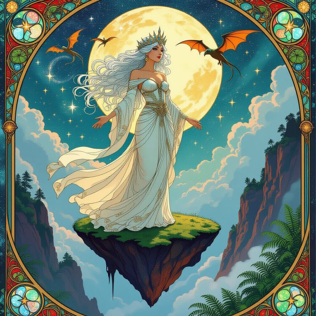 Celestial Sorceress Amidst Nebula in Art Nouveau Style