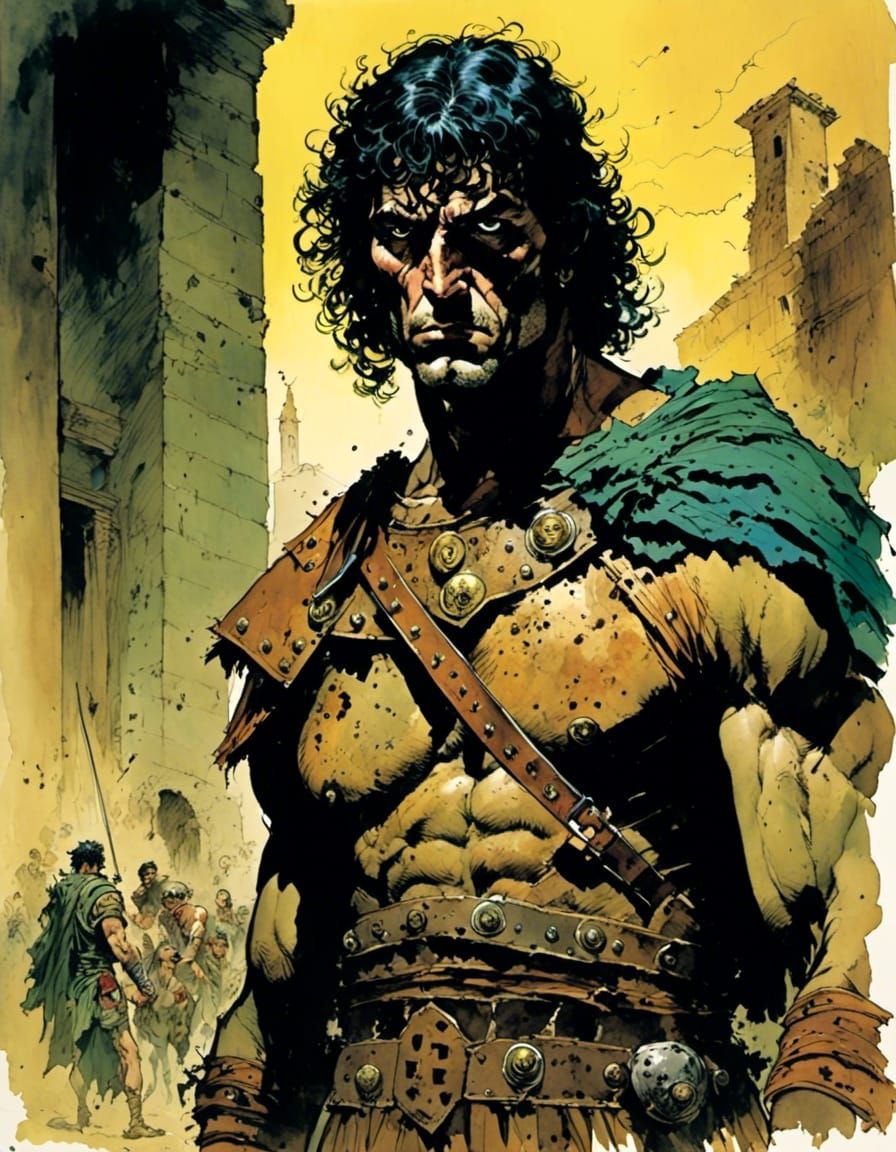Brooding Gladiator Portrait in Dark Comic Style