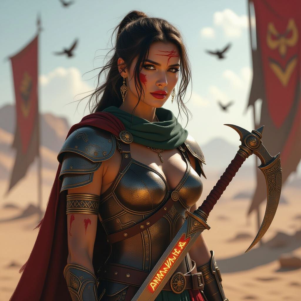 Battle-Worn Woman with Sickle-Sword in Dystopian Realism