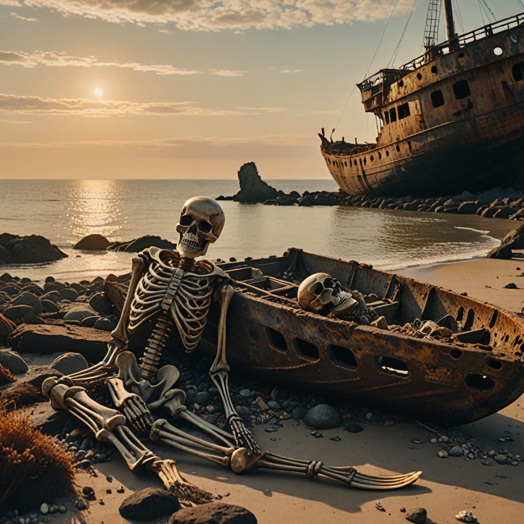 Desolate Seashore with Mermaid Skeleton in Cinematic Style