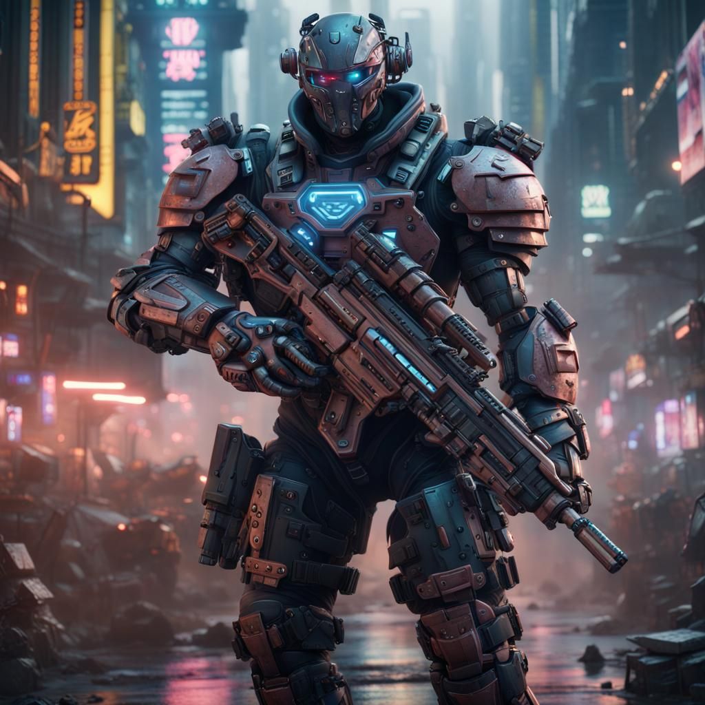 Cyberpunk Cyborg with Heavy Weapons, Detailed Matte Painting