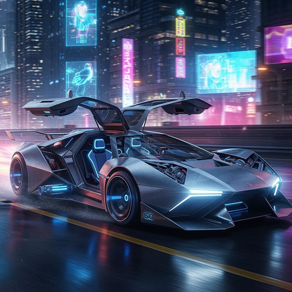 Futuristic Car Speeding Through Neon Cityscape