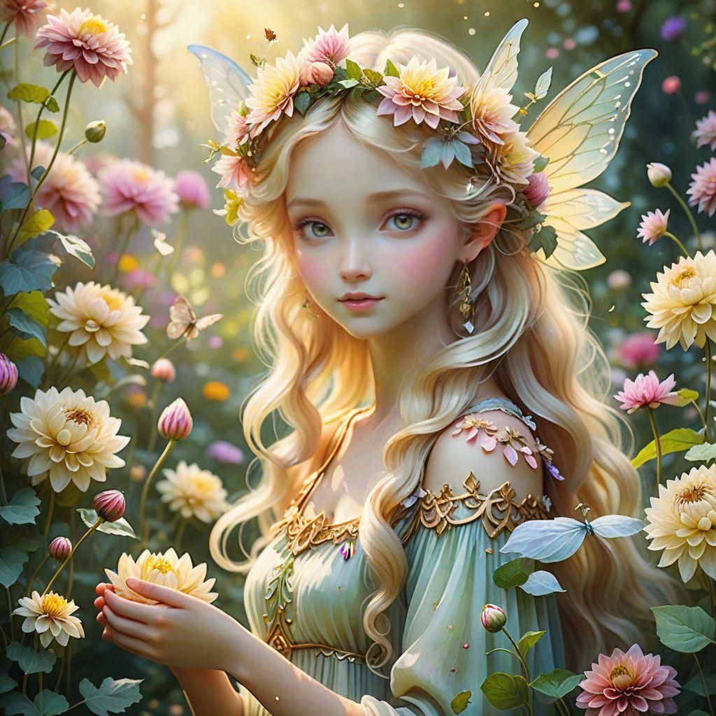 Whimsical Fairy Among Vibrant Dahlia Blossoms
