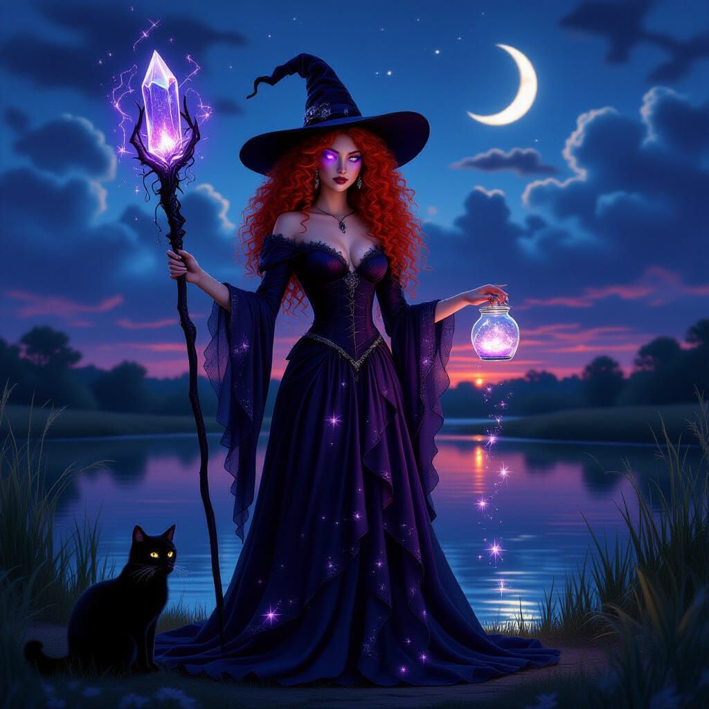 Twilight Witch Beside Dark Pond With Black Cat
