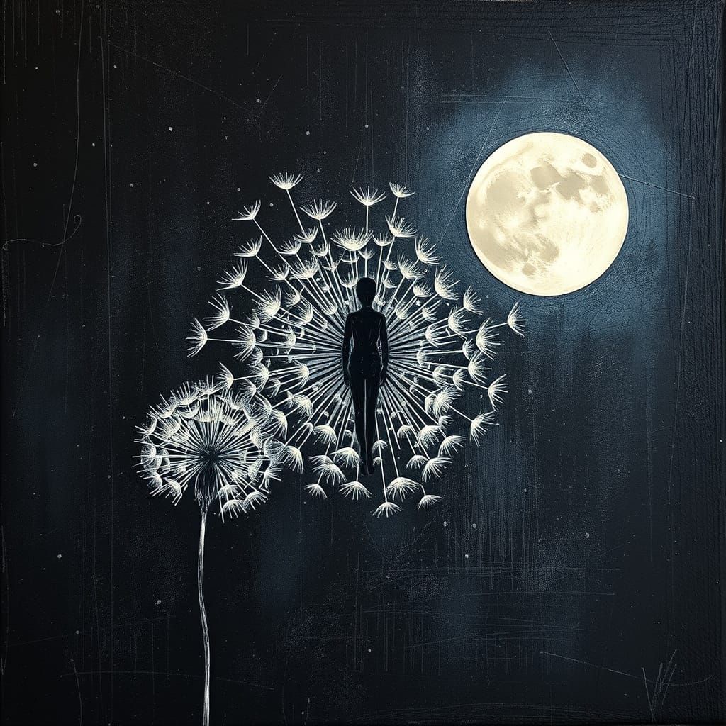 Moonlit Dandelion in Macabre Scratchboard Style