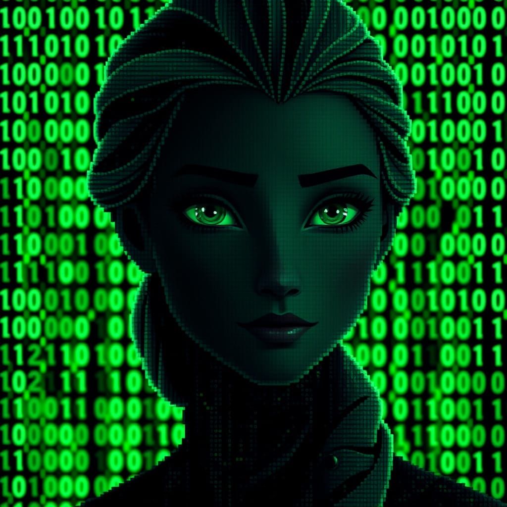 Cyberpunk Pixel Art Portrait with Binary Code Background