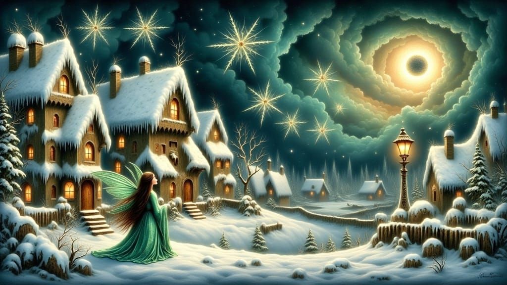 Whimsical Faery and Dragon in Winter Village