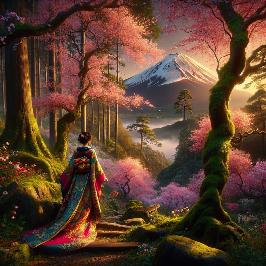 Vibrant Mystical Forest Scene in Edwardian Art Style