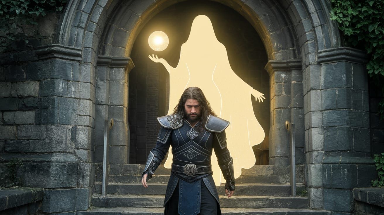 Ghostly Entity Illuminates Fantasy Warrior