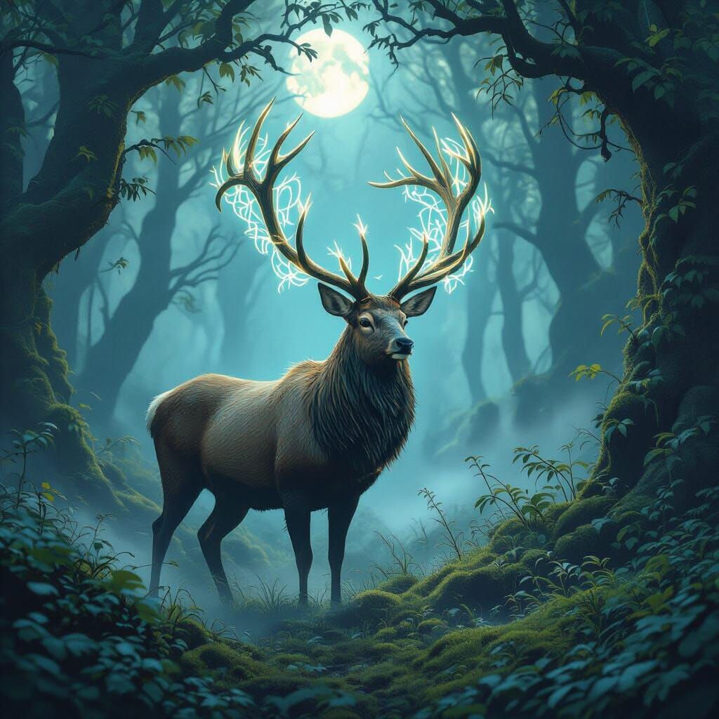 Mystical Stag with Runes in Ancient Forest Clearing