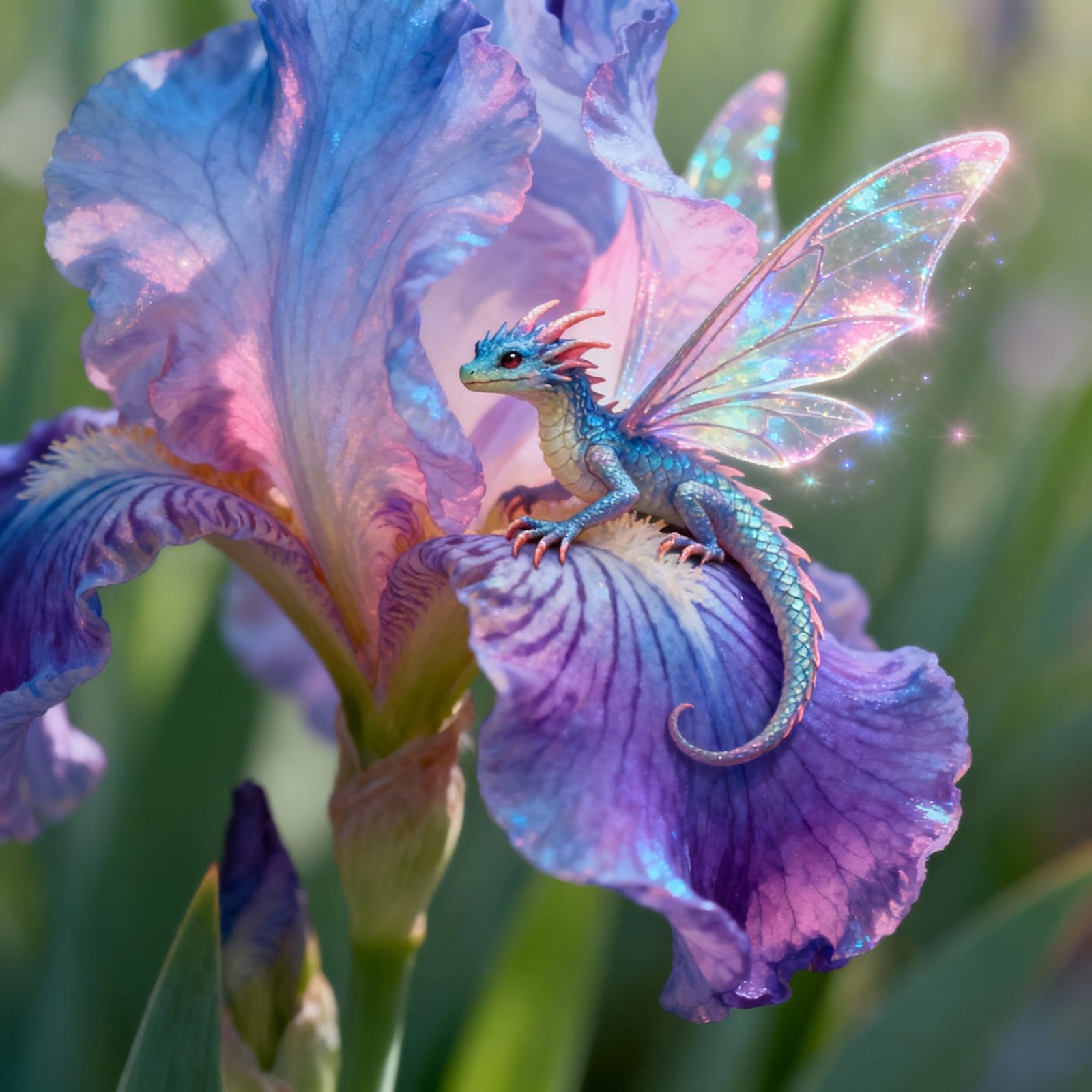 Tiny Fairy Dragon Peeking From Iris Flower