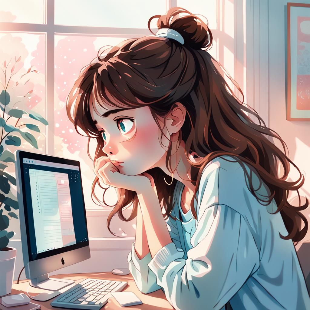 Tired Woman Working at Computer in Anime Watercolor