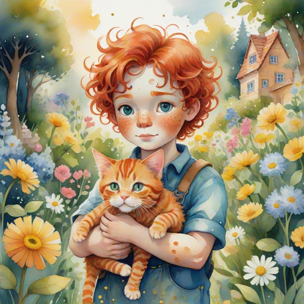 Whimsical Watercolor Illustration of a Toddler Boy and Ginge...