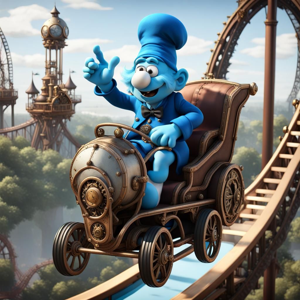 Smurf  riding a roller coaster