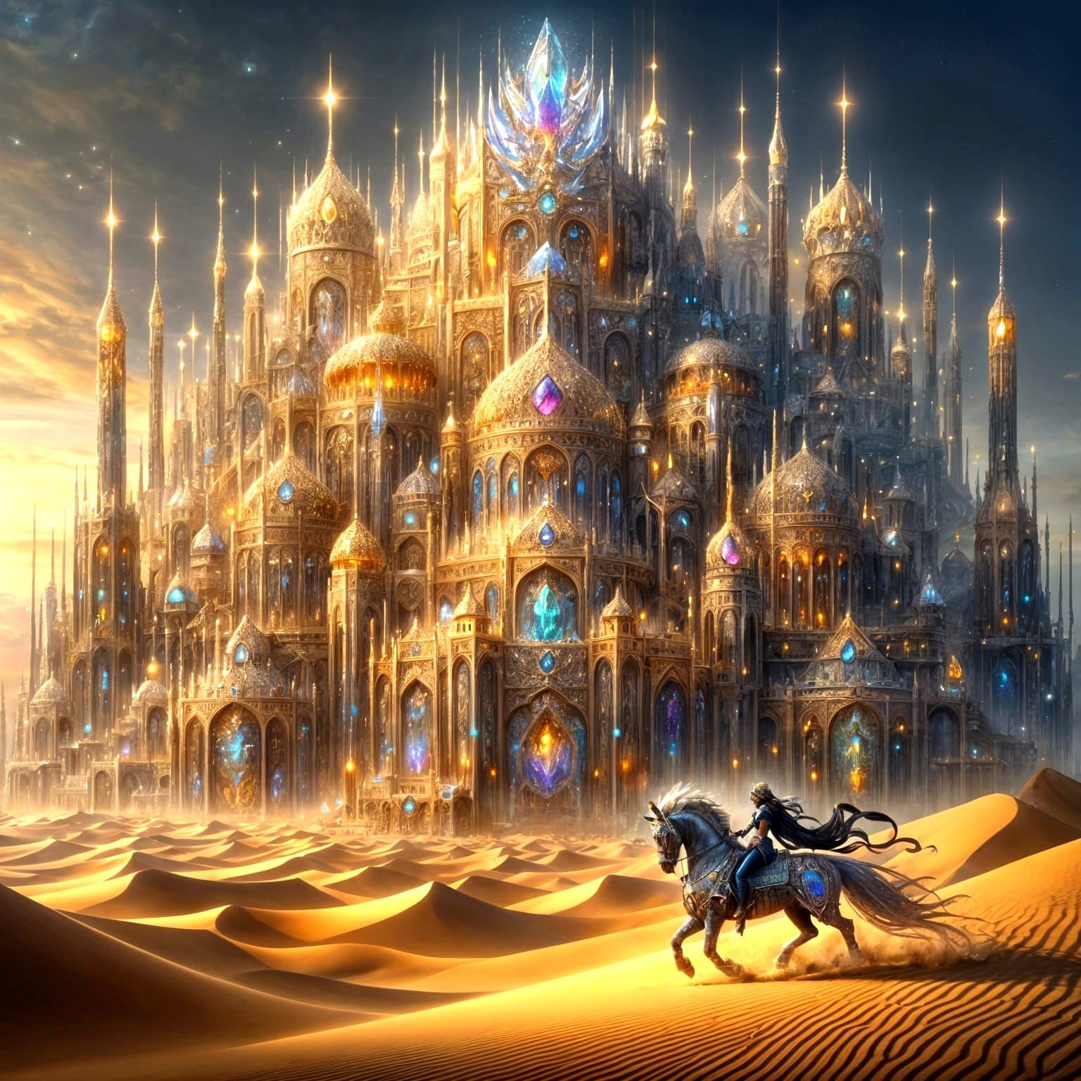 Majestic Jewel Fortress in Desert with Warrior Princess