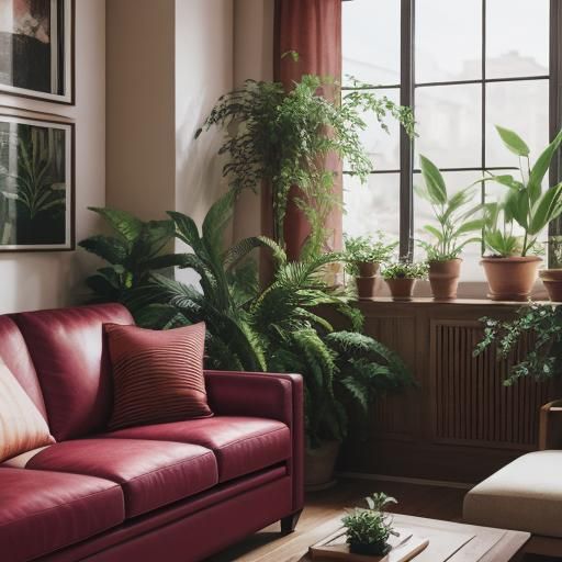 Elegant Peach and Burgundy Living Room with Plants
