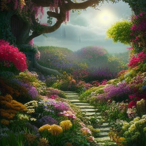 Sunlit Secret Flower Garden Digital Matte Painting