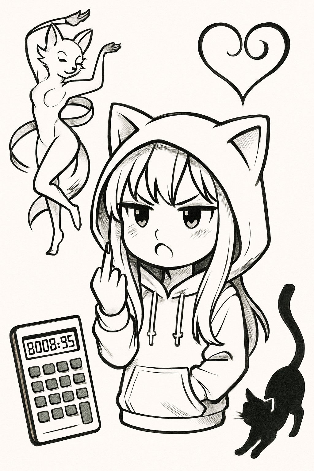 Anime Tattoo Sketches with Chibi Girl in Cat Hoodie