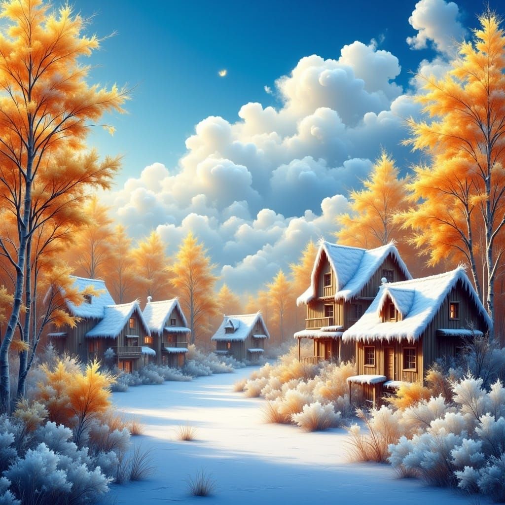 Snowy Village Among Golden Birches in Anime Style
