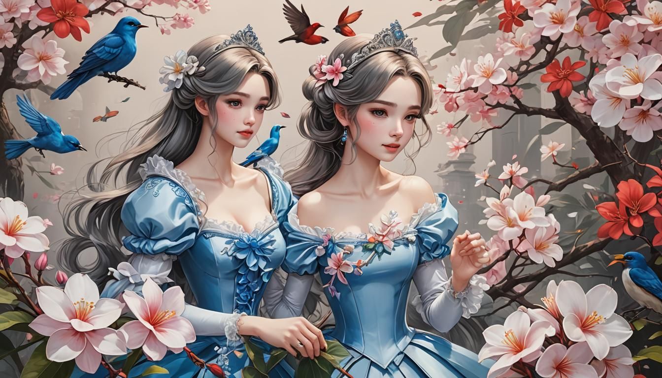 Cinderella with Flowers: Detailed Anime Ink Drawing