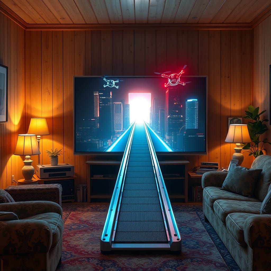 Futuristic Escalator Emerges from TV into 80s Living Room
