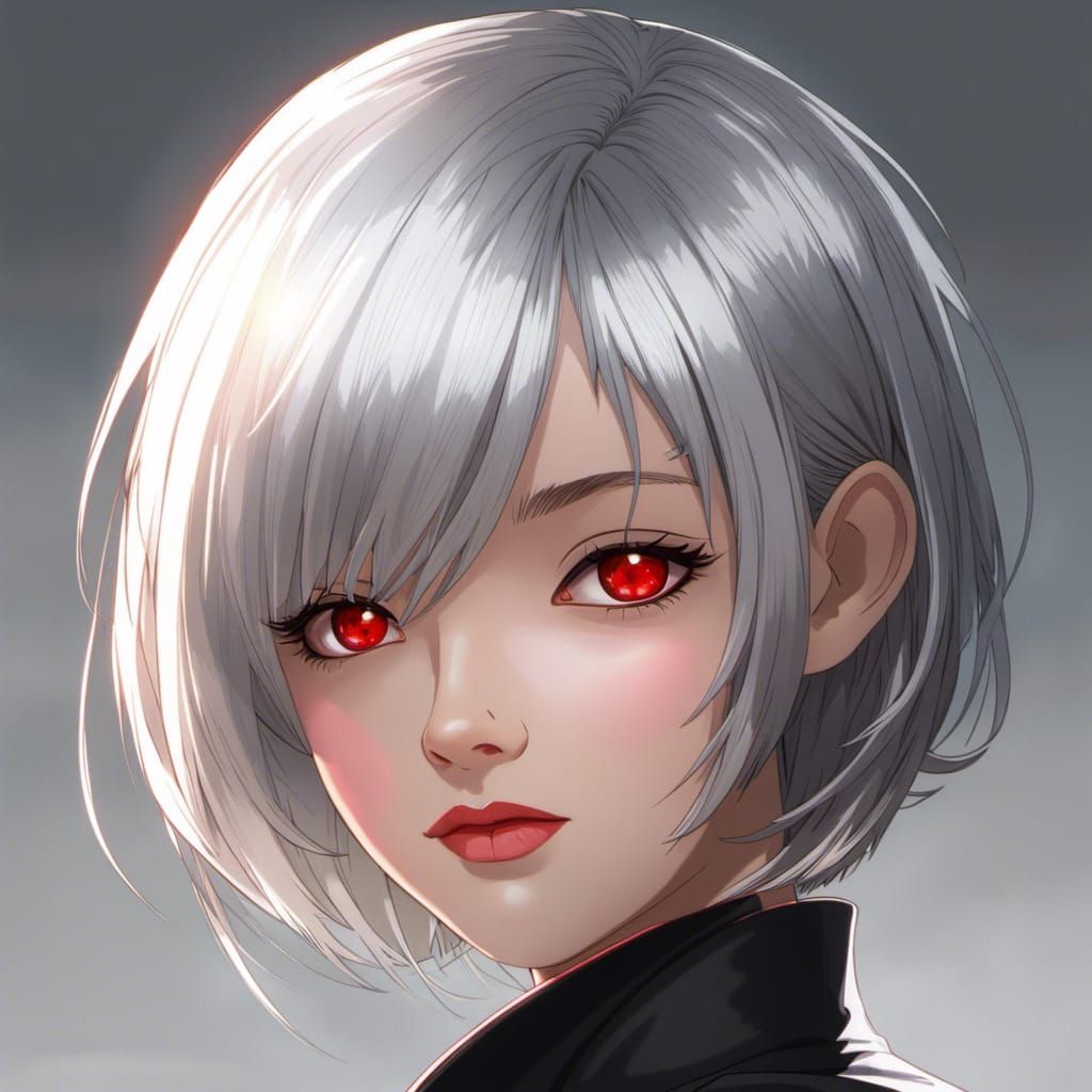 Anime Girl Portrait: Silver Hair, Ruby Eyes