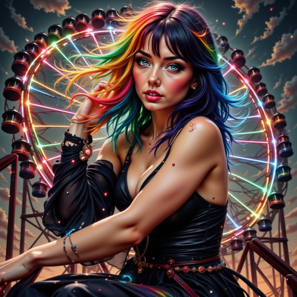 Rainbow Haired Woman Dances on Coca-Cola Rollercoaster