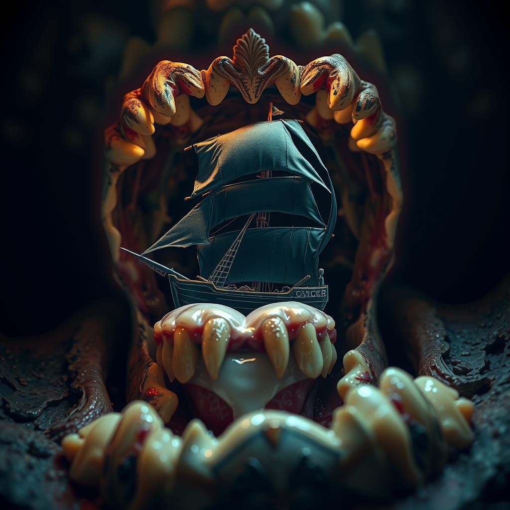 Ghost Ship Sails Through Decayed Mouth in Noir Lighting