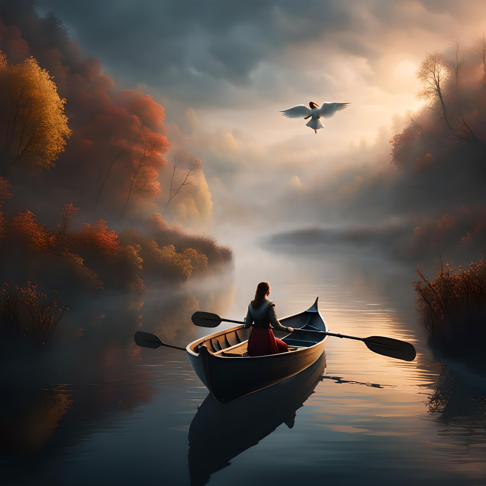 Angel Rowing a Woman on Misty River
