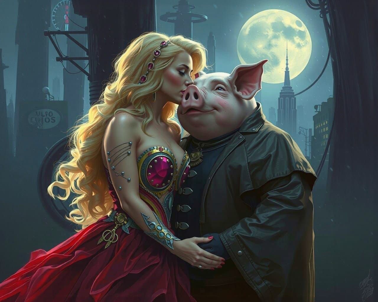 Woman Kisses Pig-Man in Cyberpunk Neon Scene