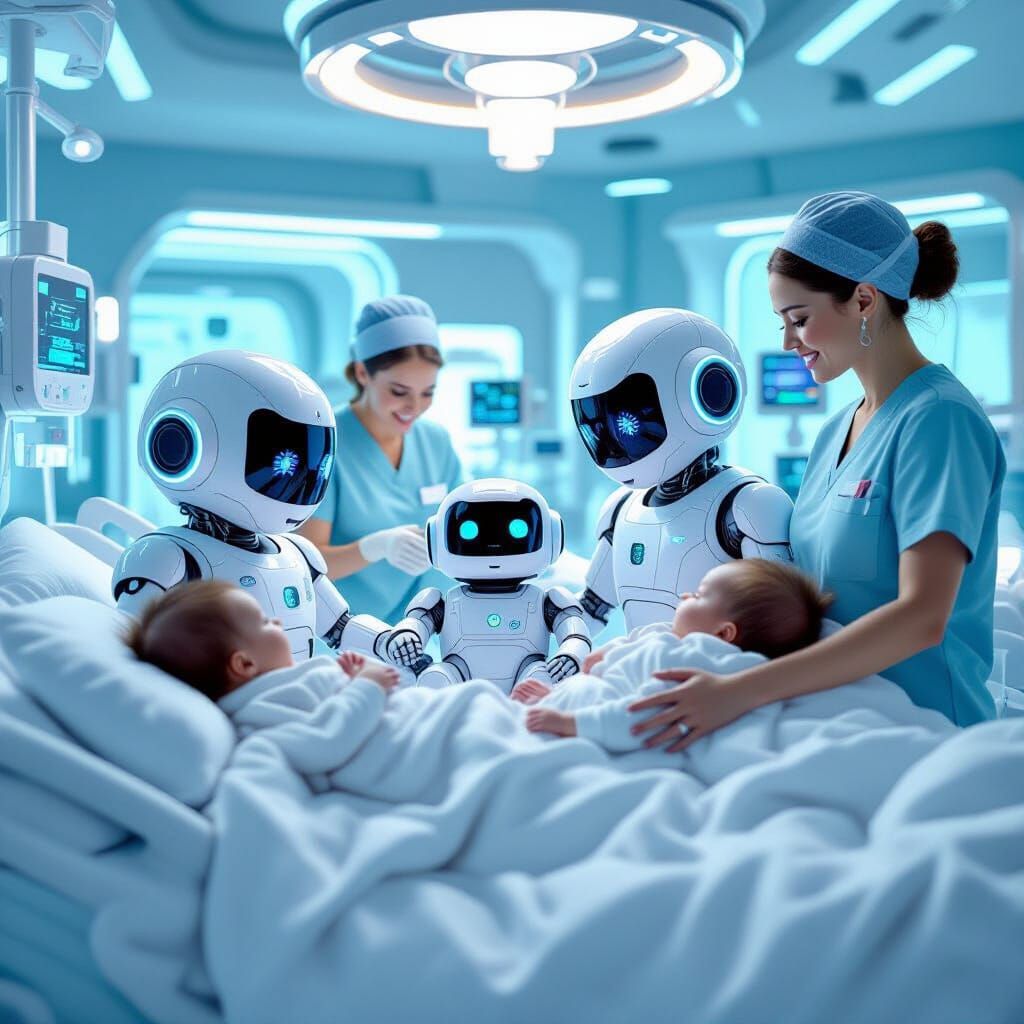 Robot Babies in Maternity Ward: Digital Art Style