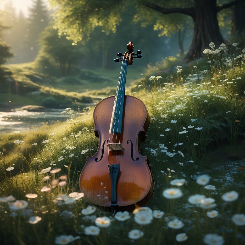 Luminous Cello in Enchanted Meadow