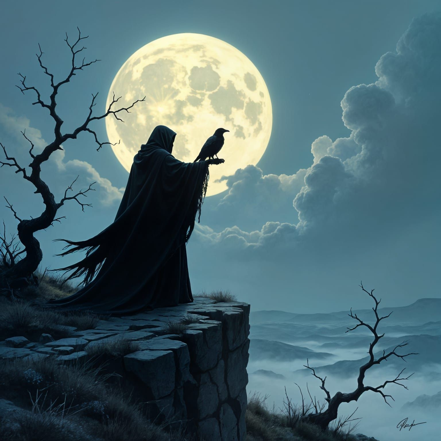 Haunting Fantasy Illustration of a Cloaked Figure on a Moonl...