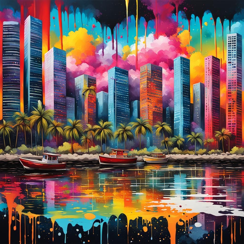 A skyscrapers landscape on a back and in front a beach with palms where ink splatters add texture and depth to the scene...