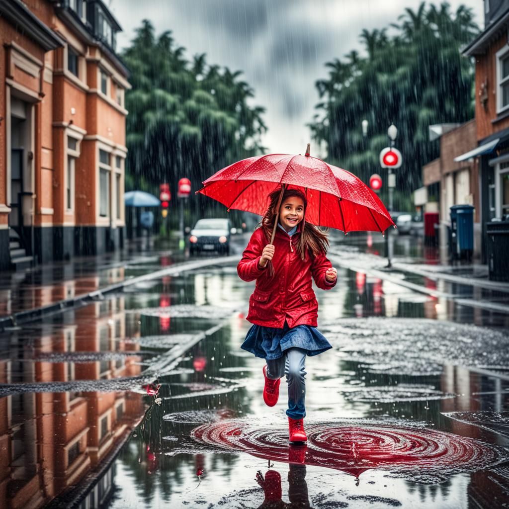 Smiling Girl with Red Umbrella in Rainy Sky