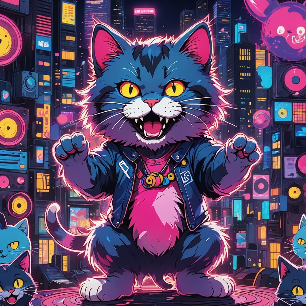 Anime Cat Plays Air Guitar in Neon City