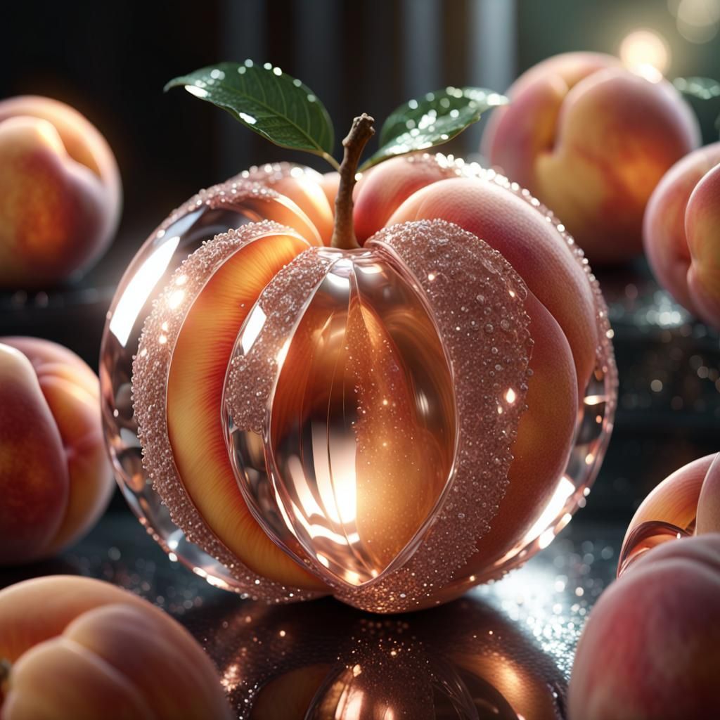 Epic Crystal Peach in Chiaroscuro: Photorealistic CGI Render