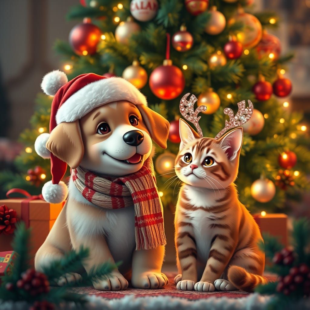 Dog and Cat Celebrating Christmas in Vibrant Winter Wonderla...