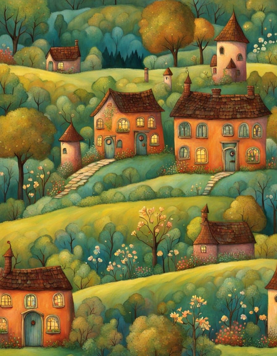 Idyllic Folk Art Village in Warm Golden Light