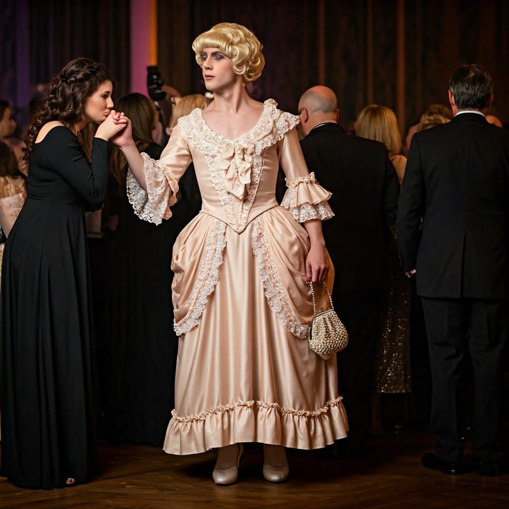 Frightened Young Man in Belle Gown at Party