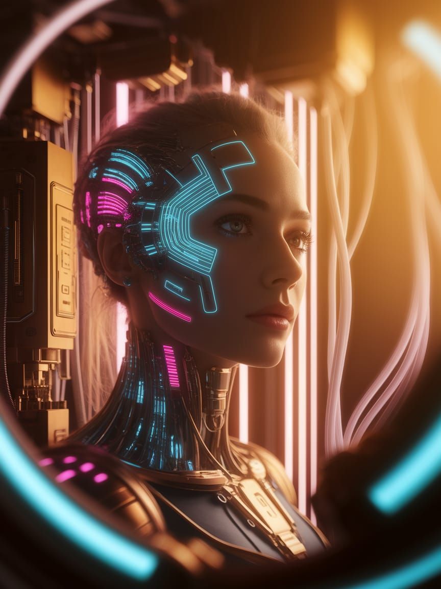 Cybernetic Woman's Face Illuminated by Blue and Pink Tech Pa...
