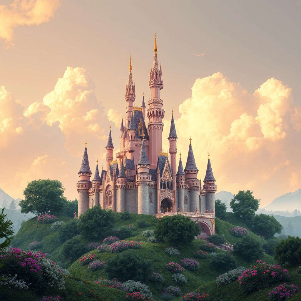 Majestic Pink Castle in Whimsical Landscape