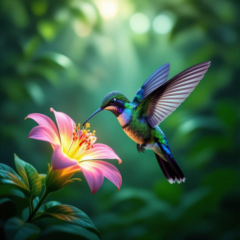 Bioluminescent Hummingbird Sips Nectar in Hidden Jungle Clea...