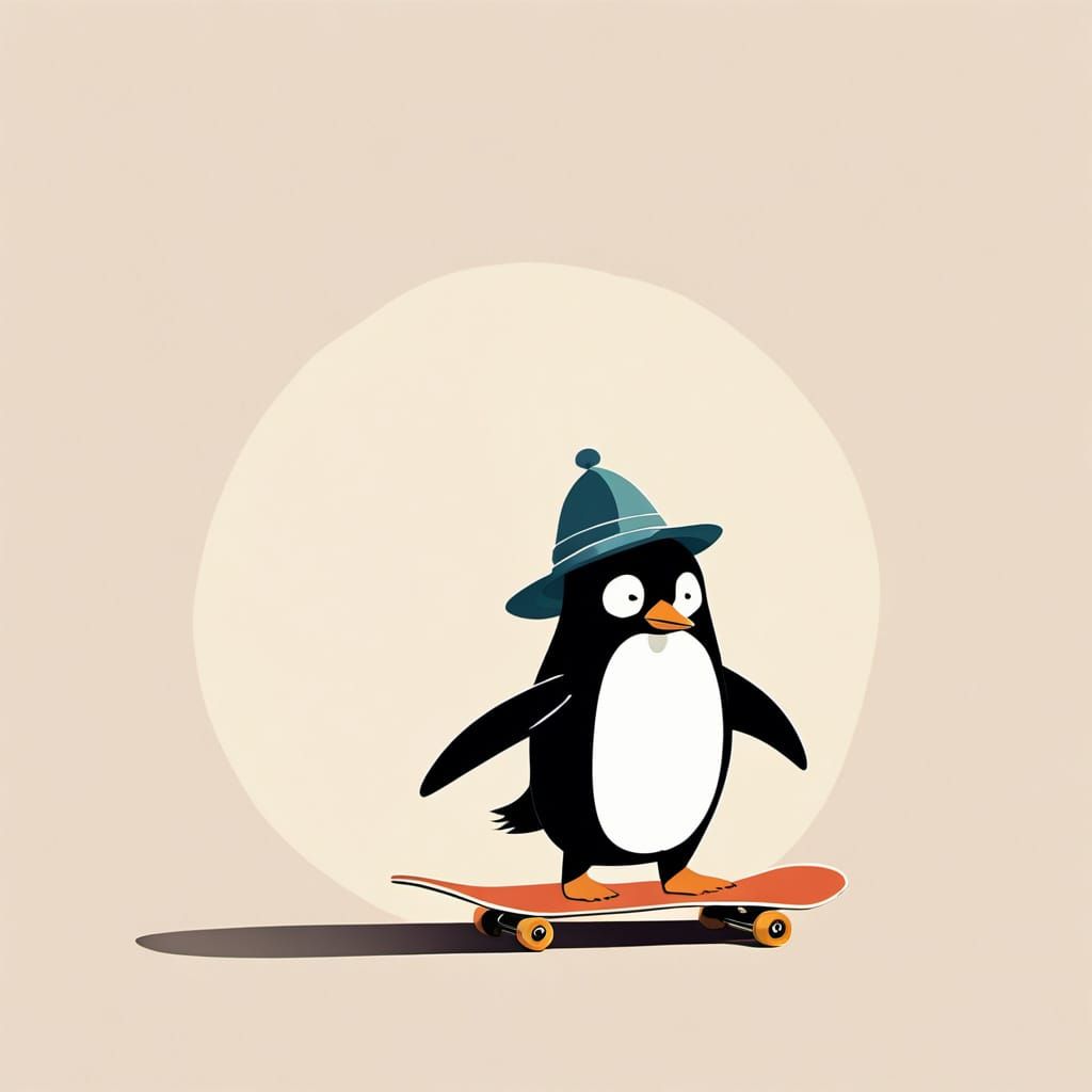 Penguin Skateboarder in Jon Klassen Cartoon Style
