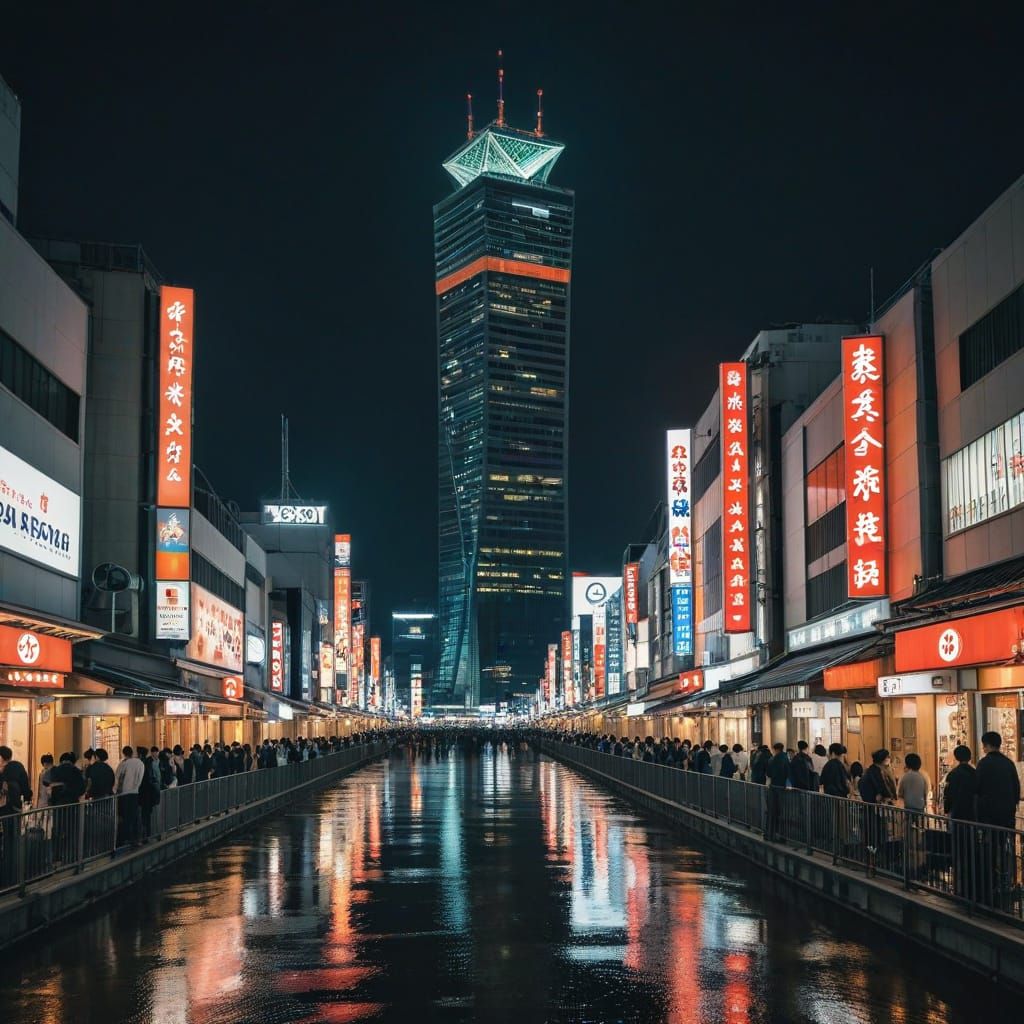 Vibrant Osaka Cityscape in Watercolor Style