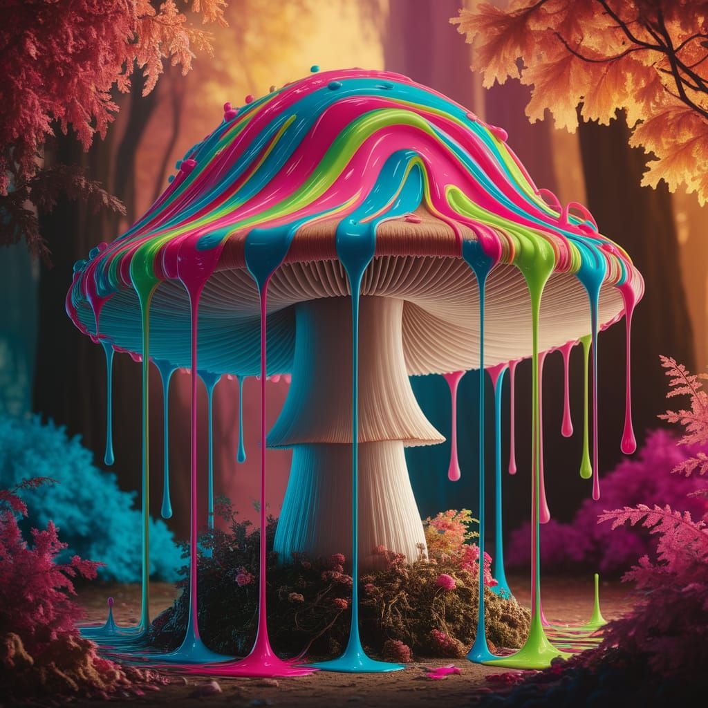Colossal Mushroom with Dripping Paint in Surreal Forest
