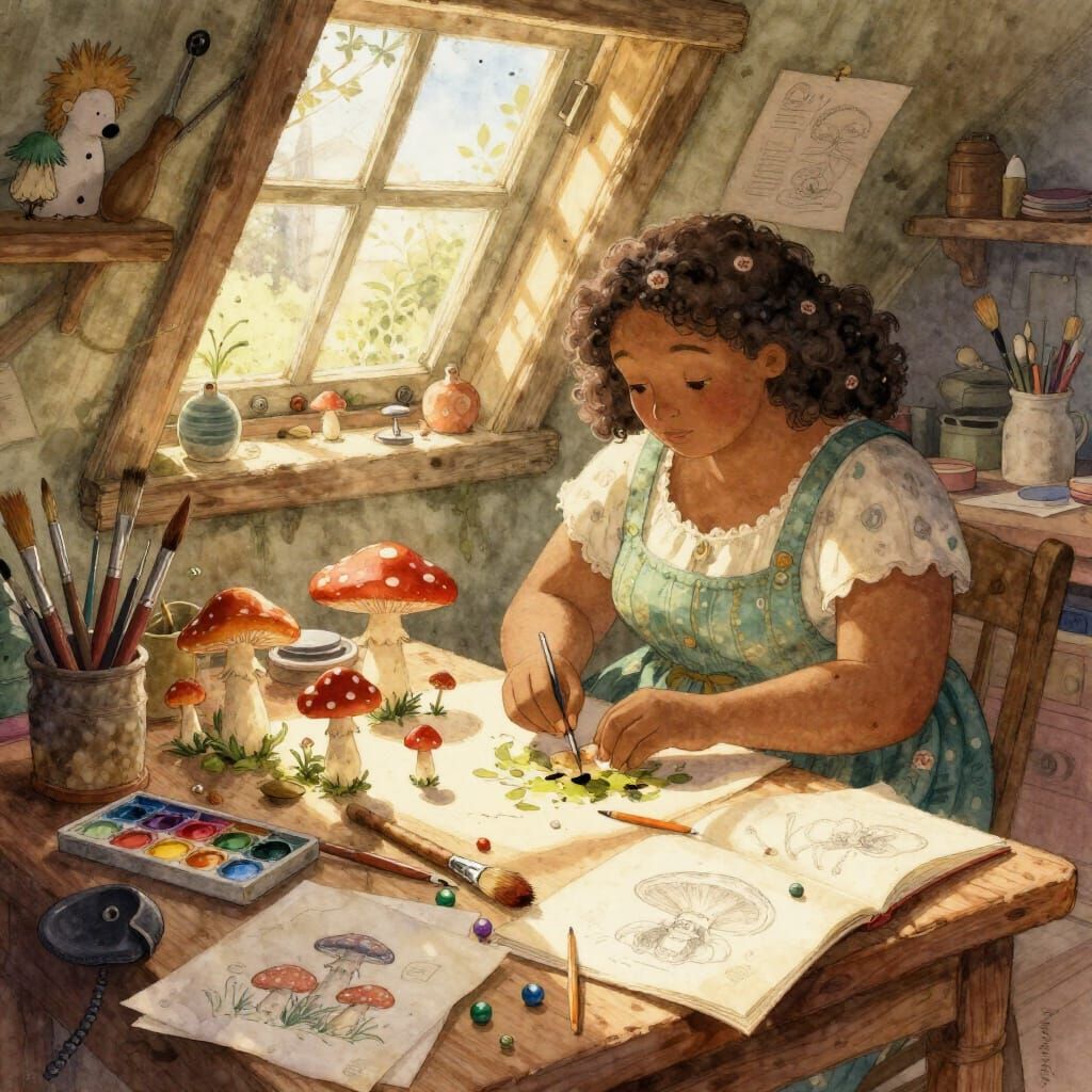Whimsical Attic Scene With Woman Crafting Fantasy Mushrooms
