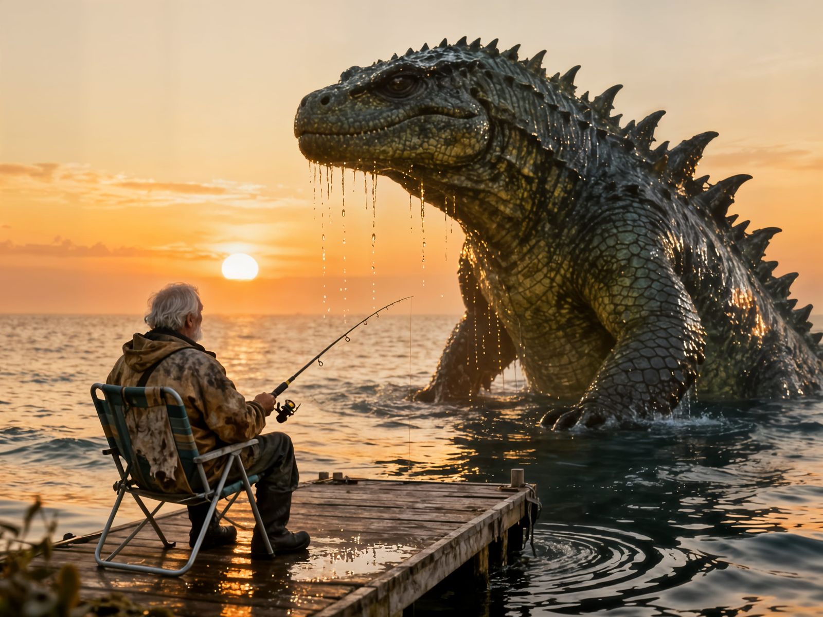 Fisherman's Shock as Kaiju Rises From Ocean Sunrise